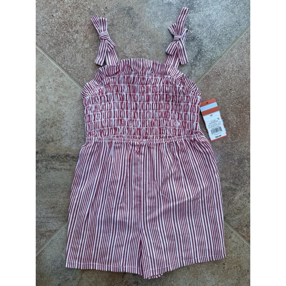 Toddler Girls' 4th Of July Red & White Striped Romper With Bows Size 4T NWT